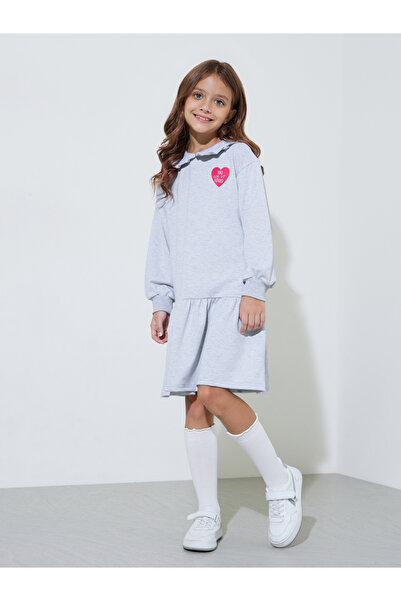 Styli Girls Grey Heart Print Ruffle Details Midi Sweatshirt Dress