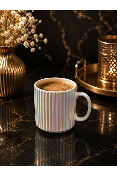 YzHome Porselen Gold Gümüş Lüsterli Çizgili Çay Kahve Kupası Bardak Kupa 350ml