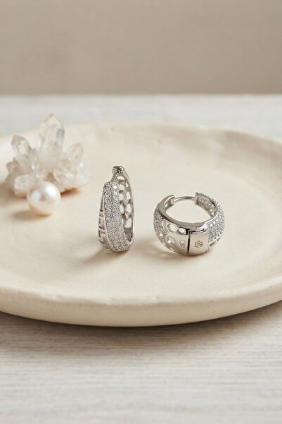 Skygo Silver Color Zircon Stone and Motif Detailed Drop Hoop Model Women's Ea...
