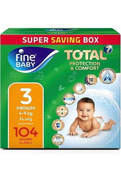 Fine Baby إجمالي 7 حفاضات، مقاس 3 متوسط (4-9 كجم)، عدد 104 حفاضة. حماية فائقة...