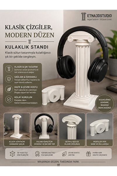 Genel Markalar Klasik Sütun Tasarımlı Kulaklık Standı – 3D Baskı Masaüstü Kul...