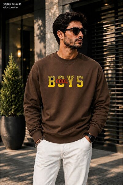 caddekombin سويت شيرت كاجوال برقبة دائرية مطبوع عليه شعار Cool Boys للرجال