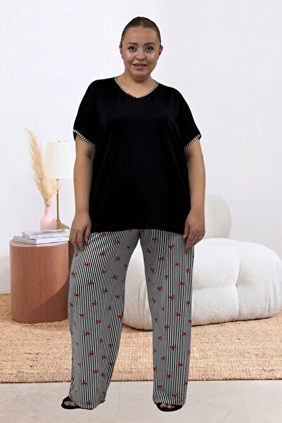 Eslina 67808 طقم بيجامة مودال مقاس كبير - طقم بيجامة ميلان - مزين بشريط أحمر