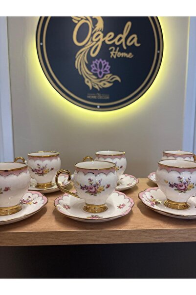Ogeda Home Çiçek Desenli 6 Kişilik Porselen Kahve Fincanı Takımı – Gold Ayakl...