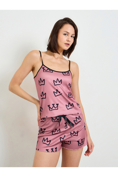 Take Two By Styli Dark Pink Crown Print Cami and Shorts Pajama Set