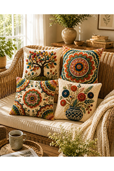 ayshome textile 3 BOYUTLU DİJİTAL BASKI Maksimalist Bohem Desenli 4'Lü Kırlent Kılıfı Seti