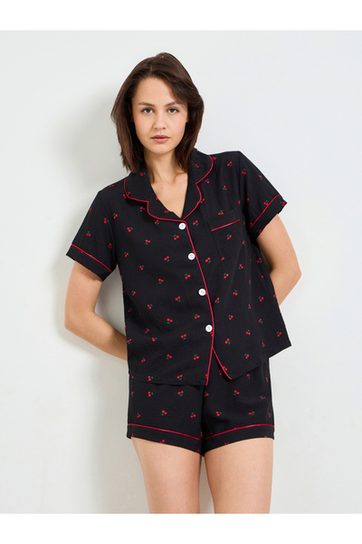 Take Two By Styli Black Cherry Print Shirt and Short Pajama Set