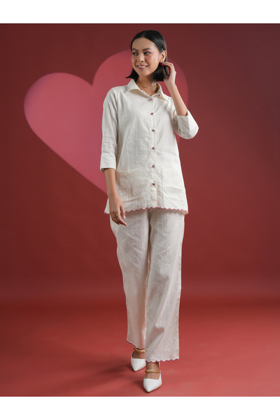 Sanskrutihomes By Styli White Cotton Shirt and Straight Pajama Night Suit Set...