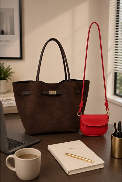 SHAKA Brown Suede/Red Shk351 Suede Large Shoulder Bag and Mini Crossbody Bag ...
