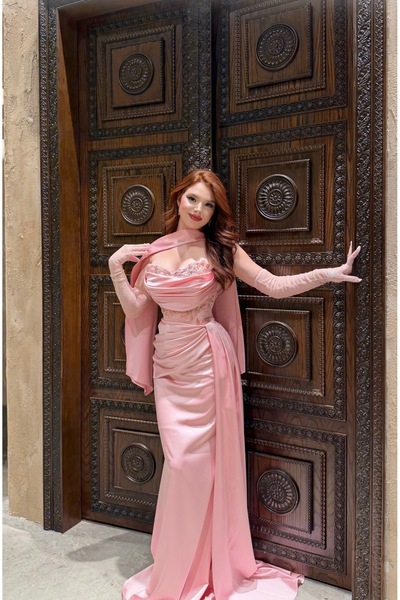 ayşenur Dinçer butik Fashion Saten Abiye Pudra Pembesi