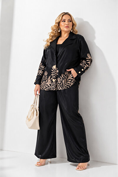 DARKWIN Plus Size Leaf Patterned Jacket Loose Cut Pants Women's Top and Botto...