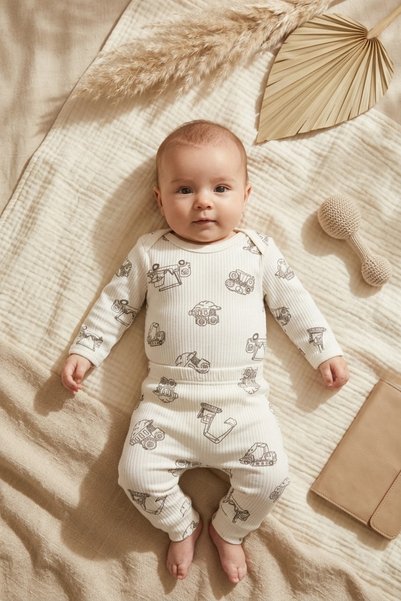 ANP MODA TASARIM Premium Baby Boy Cotton Ribbed Baby Set - Gray Work Machine ...
