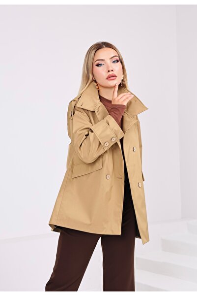 Heggo Women's Oversize Trench Coat Short Length Stand Collar Buttoned Pockete...