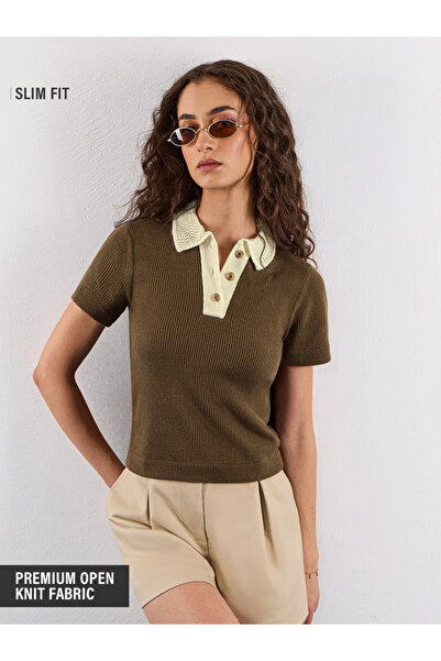 The Souled Store By Styli تي شيرت بولو محبوك مضلع بلون بني قهوة