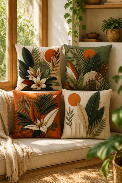 ayshome textile 3 BOYUTLU DİJİTAL BASKI Yaprak Desenli 4'Lü Kırlent Kılıfı Seti