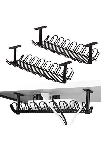 EXCEFORE 2 Packs Under Desk Cable Management Tray Black, 14 inch Under Desk C...