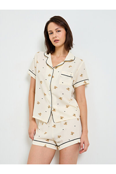 Take Two By Styli Beige Teddy Bear Print Short Pajama Set