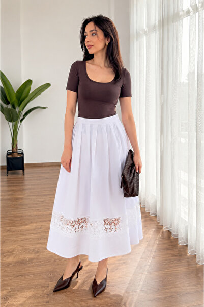 1434 Polo State Lace Ribbon Detailed Pleated A-Line White Midi Skirt