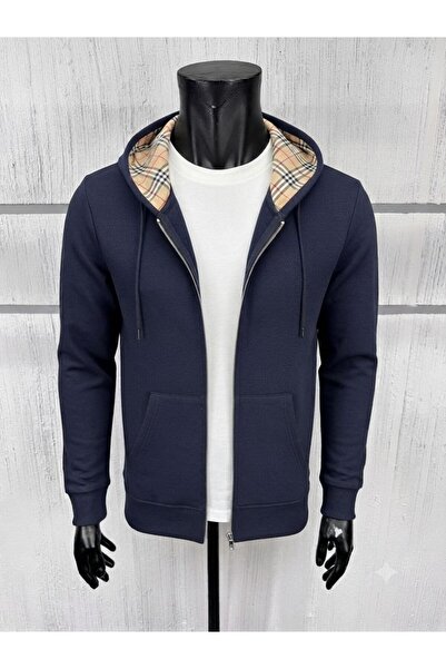 Genel Markalar Lacivert Kapüşonlu Fermuarlı Sweatshirt