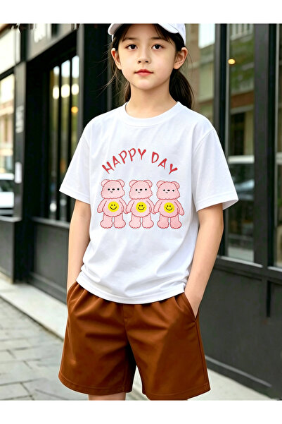 Take Two By Styli Kids White Cotton Happy Day Bear Graphic T-Shirt