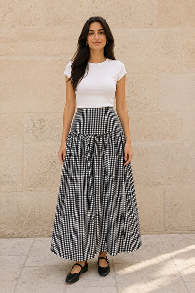 1434 Polo State Gingham Patterned Gathered High Waist Maxi Skirt – Black/White
