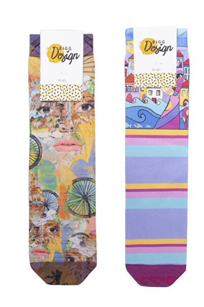 Biggdesign Pack of 2 - Cat Graphic Print Crew Socks