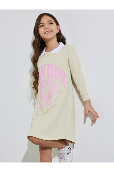 Styli Girls Cream Slogan Print Contrast Collar Knee Length Sweatshirt Dress