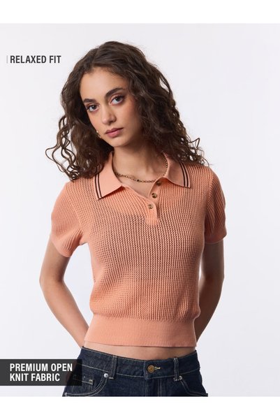 The Souled Store By Styli Peach Cotton Knit Polo T-Shirt