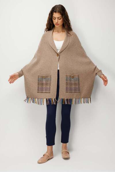 Desen Triko Women's Shawl Collar Pocketed Wool Poncho with Tassels at the Hem...