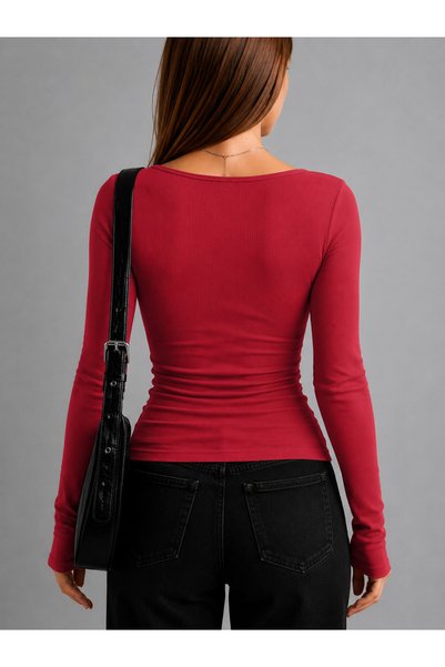 RİEMA Women's Slim Fit Square Neck Long Sleeve Ribbed Blouse