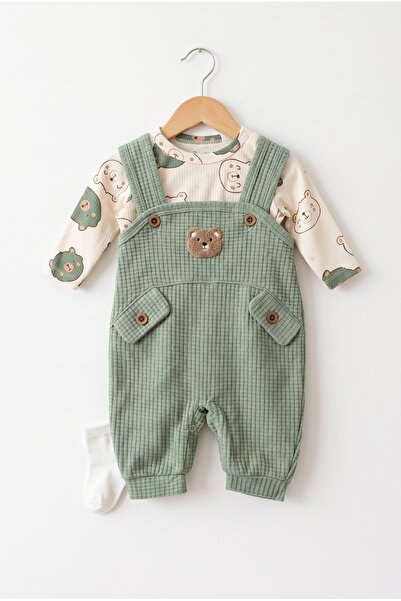 hobbe baby Salopet Bebek Tulum 3-6-9 Ay Aksesuarlı Çıtlı Takım-Body-Çorap