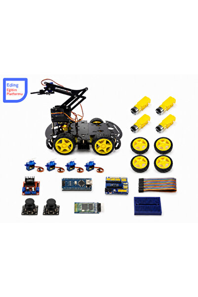 EDİNG EĞİTİM PLATFORMU Arduino Bluetooth Kontrollü 4WD Robot Kollu Araba Kiti Demonte – Robot Kollu Akıllı Mobil Robot Araba Seti