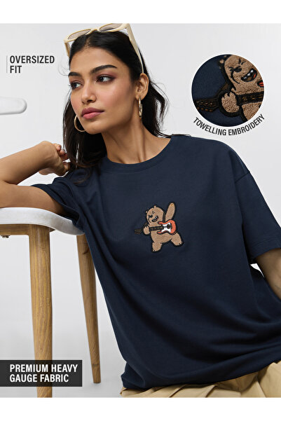 The Souled Store By Styli تي شيرت قطني كبير الحجم باللون الأزرق البحري مع تطر...