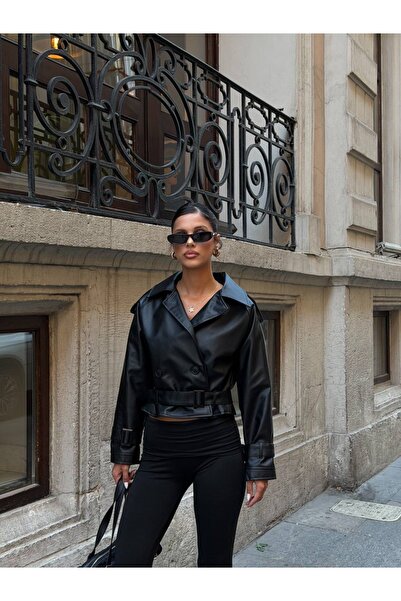 Ekim Store Belted Trench Crop Leather Jacket