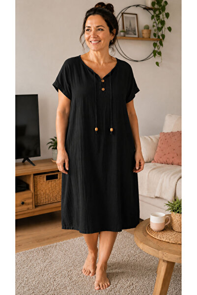 cesita Black 100% Cotton Muslin Fabric Comfortable Fit Mommy Dress Home Pajamas