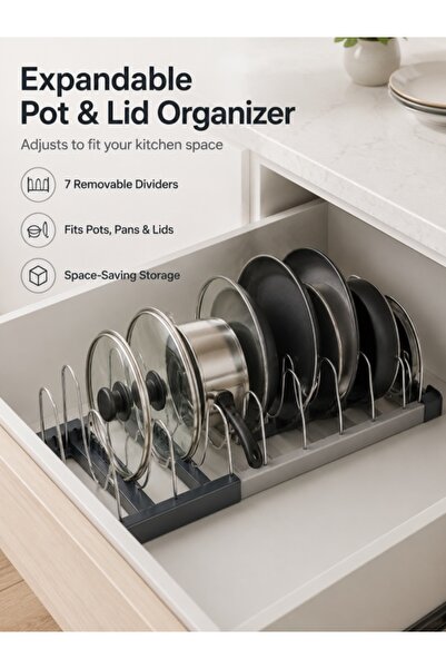 Kijarda Adjustable Pan, Pot & Lid Organizer Rack, Expandable 30.5–56 cm Kitch...