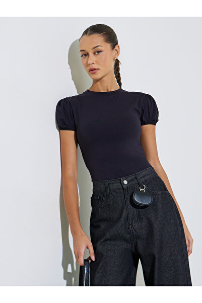 Styli Black Solid Puff Sleeves T-Shirt