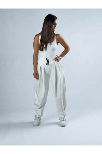 COCOPELLI Ecru Women's Baggy Trousers with Velcro Detail on the Legs Coc3348
