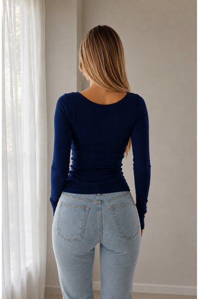 RİEMA Square Collar Basic Ribbed Fabric Lycra Women's Long Sleeve Basic Blouse