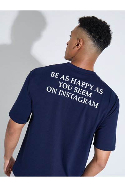 Styli Navy Blue Slogan Print Crew Neck Oversized T-Shirt