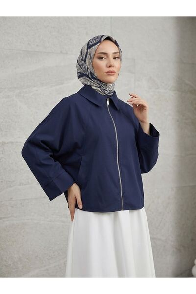 Lunsera Store Poncho with Zippered Pocket - Navy Blue