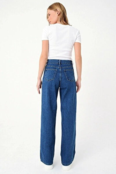 byhaziran butik Women's Dark Blue High Waist Wide Leg Jeans