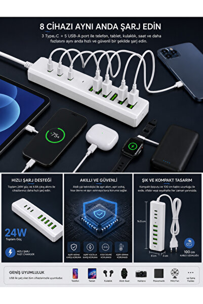MEGAMUS 8 Port 24W Hızlı Şarj İstasyonu – 3 USB-C + 5 USB-A | 4.8A