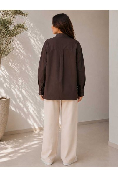 Milera Women's Brown Poplin Shirt with Shoulder Padding, Long Sleeves, Buttoned, Comfortable Fit