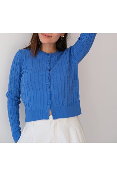 Gülçin Coşkun Crew Neck Braided Buttoned Fit Basic Women's Knitwear Cardigan