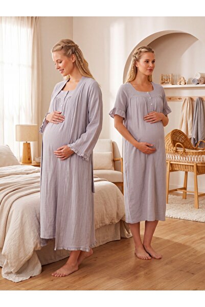 Lohussa New Season Gray Muslin Fabric Buttoned Breastfeeding Compatible Desig...