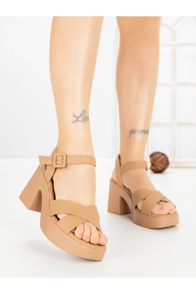 Anderina Sandale dama cu toc gros si platforma kaki din piele ecologica Roselia