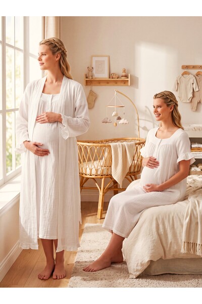 Lohussa New Season Ecru Muslin Fabric Buttoned Breastfeeding Compatible Desig...