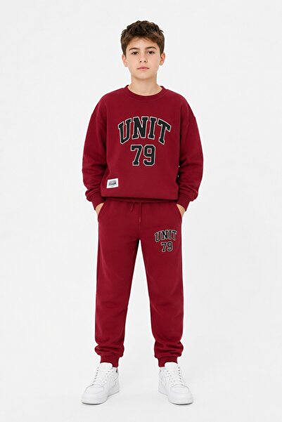 CansınMini Claret Red Boys' Crew Neck Printed 2-Piece Tracksuit Set 24696