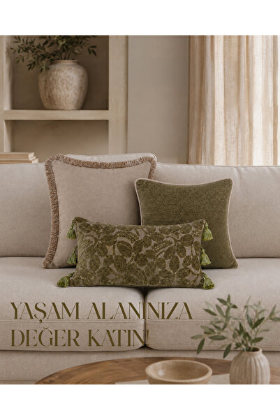 BEZEK 3’lü Livia Kırlent Seti Yeşil – 30x60, 40x40, 50x50 Dolgulu Kırlent